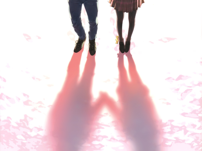 5_nenme_no_houkago couple female foot_ribbon holding_hands kantoku male miniskirt pantyhose shadow