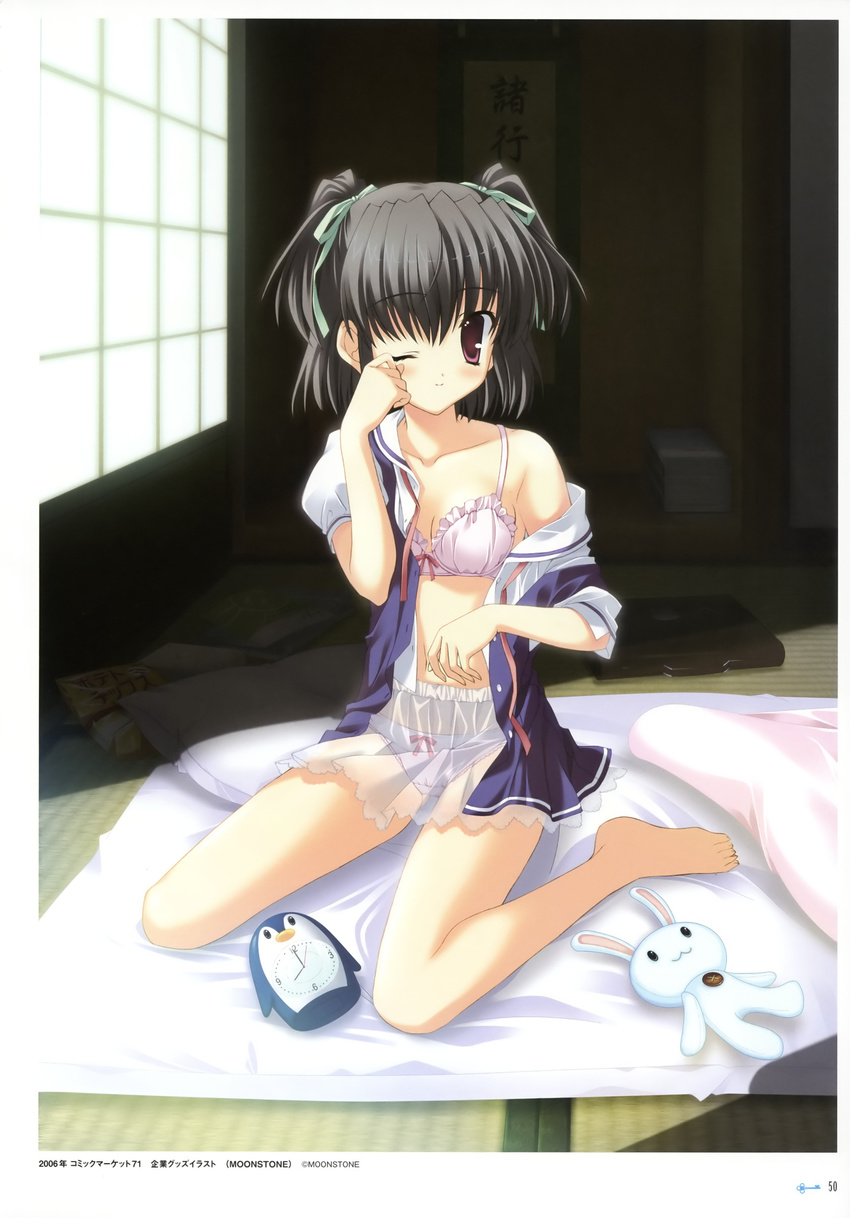 :3 ;) absurdres bag black_hair bow bow_bra bow_panties bra chips clear food frilled_bra frills futon highres legs lingerie mitha one_eye_closed open_clothes open_shirt panties pillow pink_bra potato_chips red_eyes screen see-through shirt sitting smile solo stuffed_animal stuffed_bunny stuffed_toy tatami two_side_up underwear wariza white_panties yukino_natsuki