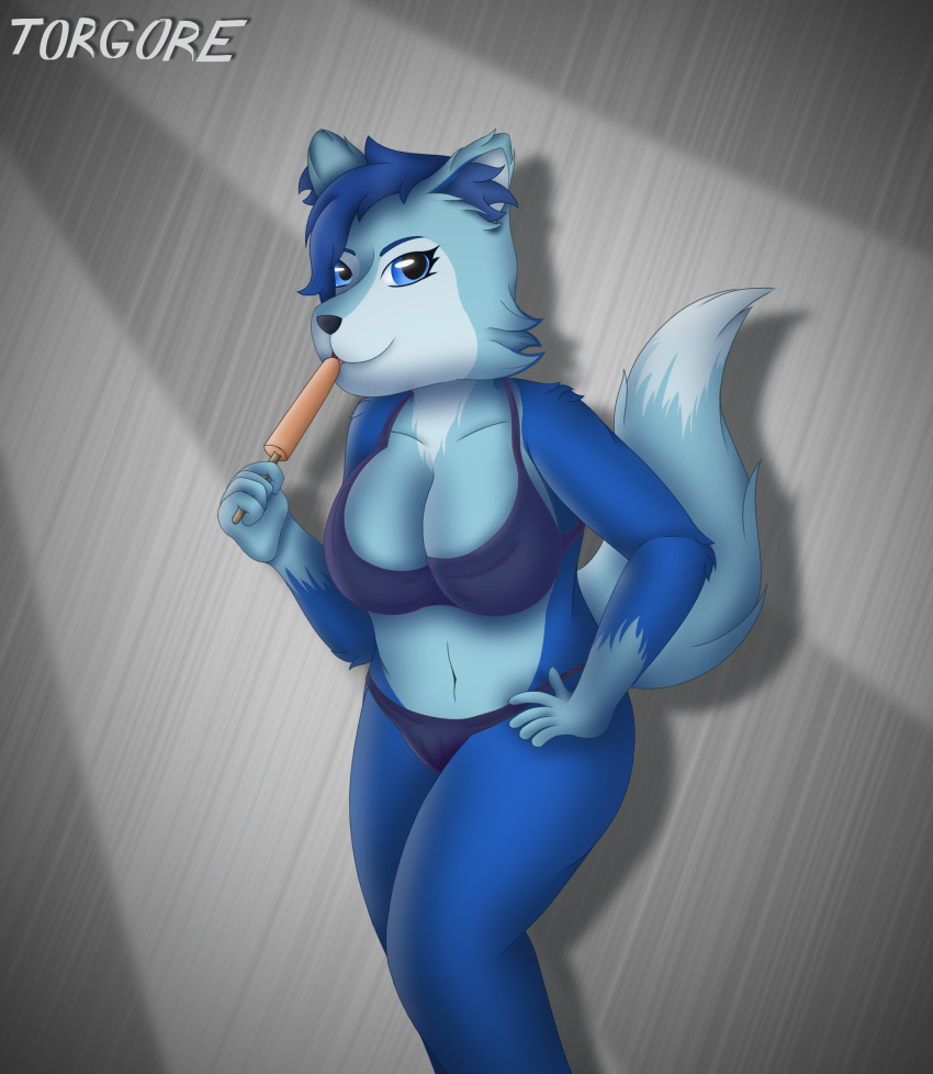 axion_(lesquidy) big_breasts bikini blue_eyes blue_fur blue_hair breasts canine clothed clothing digital_media_(artwork) female food fox fur hair hi_res looking_at_viewer mammal open_mouth popsicle shoulder_tuft signature simple_background solo swimsuit tongue torgore wide_hips