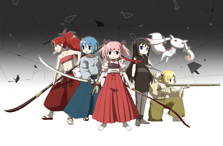 5girls akemi_homura black_hair blue_eyes blue_hair bow dango gloves kaname_madoka kyubey long_hair madoka_runes magical_girl mahou_shoujo_madoka_magica medieval medieval_japan miki_sayaka multiple_girls musket pantyhose ribbon sakura_kyouko samurai_sword short_hair skirt sword tomoe_mami twin_tails