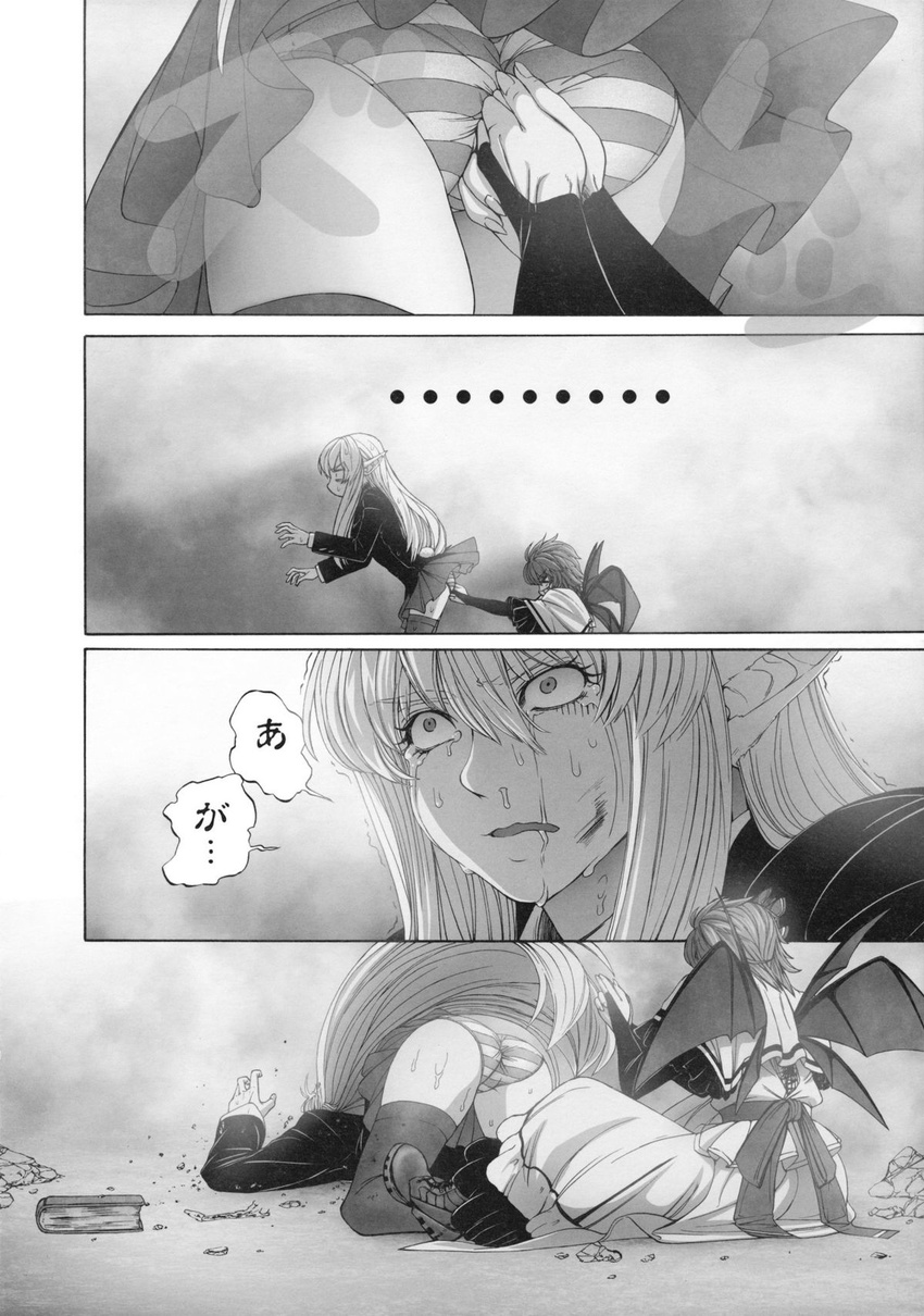 &gt;_&lt; 2girls all_fours ass bat_wings book boots bridal_gauntlets closed_eyes comic constricted_pupils crying doujinshi eyelashes greyscale highres imizu_(nitro_unknown) kanchou long_hair looking_afar monochrome multiple_girls pain panties pantyshot pantyshot_(standing) pointy_ears reisen_udongein_inaba remilia_scarlet runny_nose skirt smudge snot_trail standing striped striped_panties sweat tearing_up tears thighhighs top-down_bottom-up touhou translated trefoil trembling underwear wedgie wings zettai_ryouiki