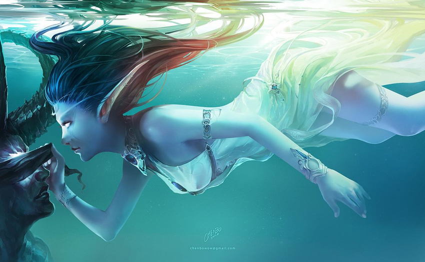 blue_hair bracelet chenbo demon_hunter horns illidan_stormrage jewelry long_ears long_hair necklace night_elf night_skirt sun_rays swimming warcraft water white_eyes world_of_warcraft