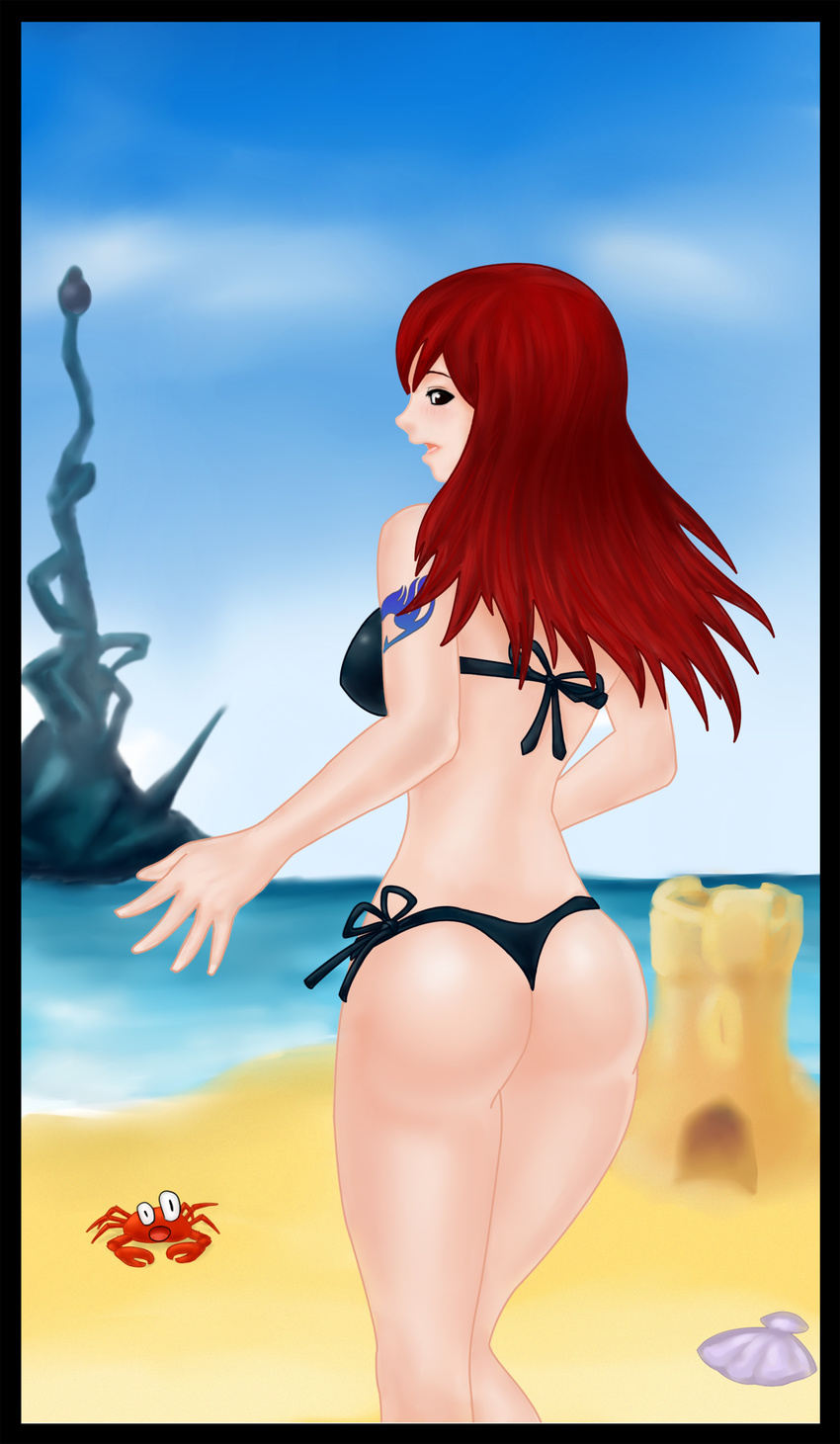 beach brown_eyes crab erza_scarlet fairy_tail janeinkode long_hair mizugi oppai oshiri red_hair red_head sand_castle tagme tattoo water