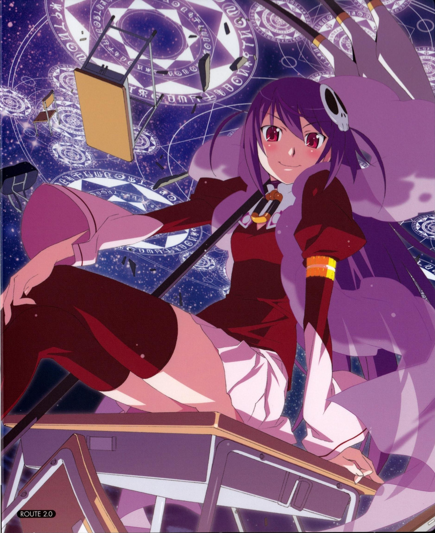 artist_request chair desk hair_ornament haqua_d'rot_herminium highres kami_nomi_zo_shiru_sekai long_hair octagram official_art purple_hair red_eyes scan school_desk scythe sitting skirt skull_hair_ornament smile solo thighhighs