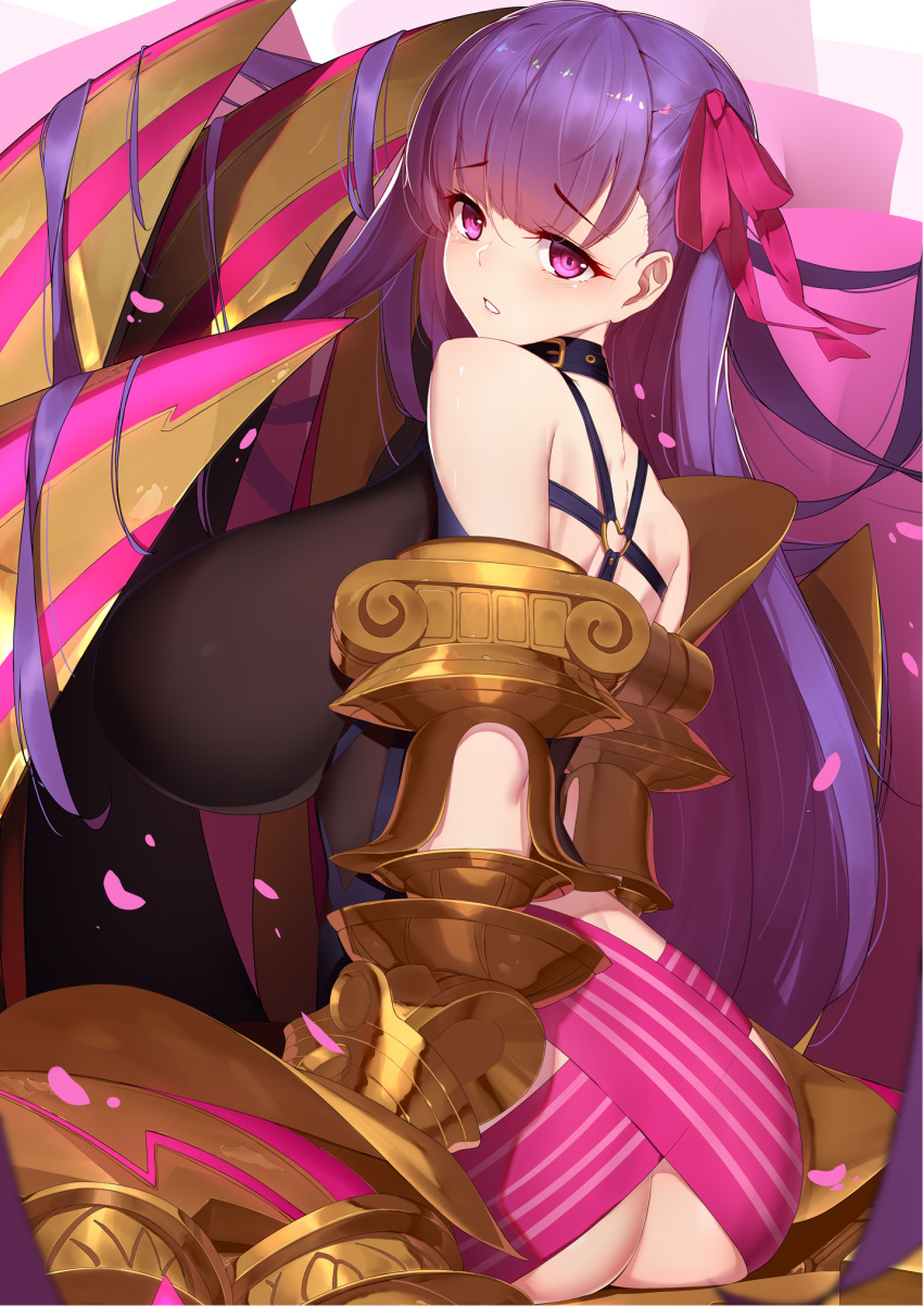 1girl ass_cutout belt_collar bow breasts collar fate/extra fate/extra_ccc fate/grand_order fate_(series) from_behind hair_ribbon highres huge_breasts langya_beike long_hair looking_at_viewer looking_back o-ring o-ring_top passion_lip pink_eyes purple_hair ribbon sitting skirt solo very_long_hair