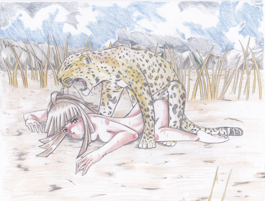 absurdres animal bare_shoulders bestiality blush brown_hair doggystyle grassy highres humping leopard nature non-web_source sex sweat traditional_media