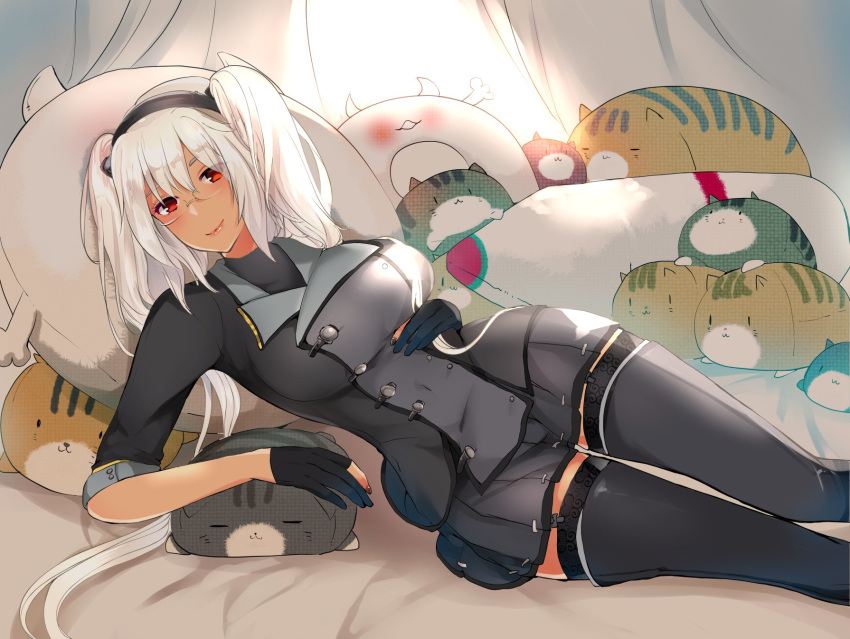 black_gloves breasts cat_pillow check_commentary commentary commentary_request dark_skin enemy_lifebuoy_(kantai_collection) glasses gloves hair_between_eyes headgear highres kantai_collection large_breasts masago_(rm-rf) miniskirt musashi_(kantai_collection) partly_fingerless_gloves reclining red_eyes remodel_(kantai_collection) short_hair_with_long_locks skirt thighhighs twintails