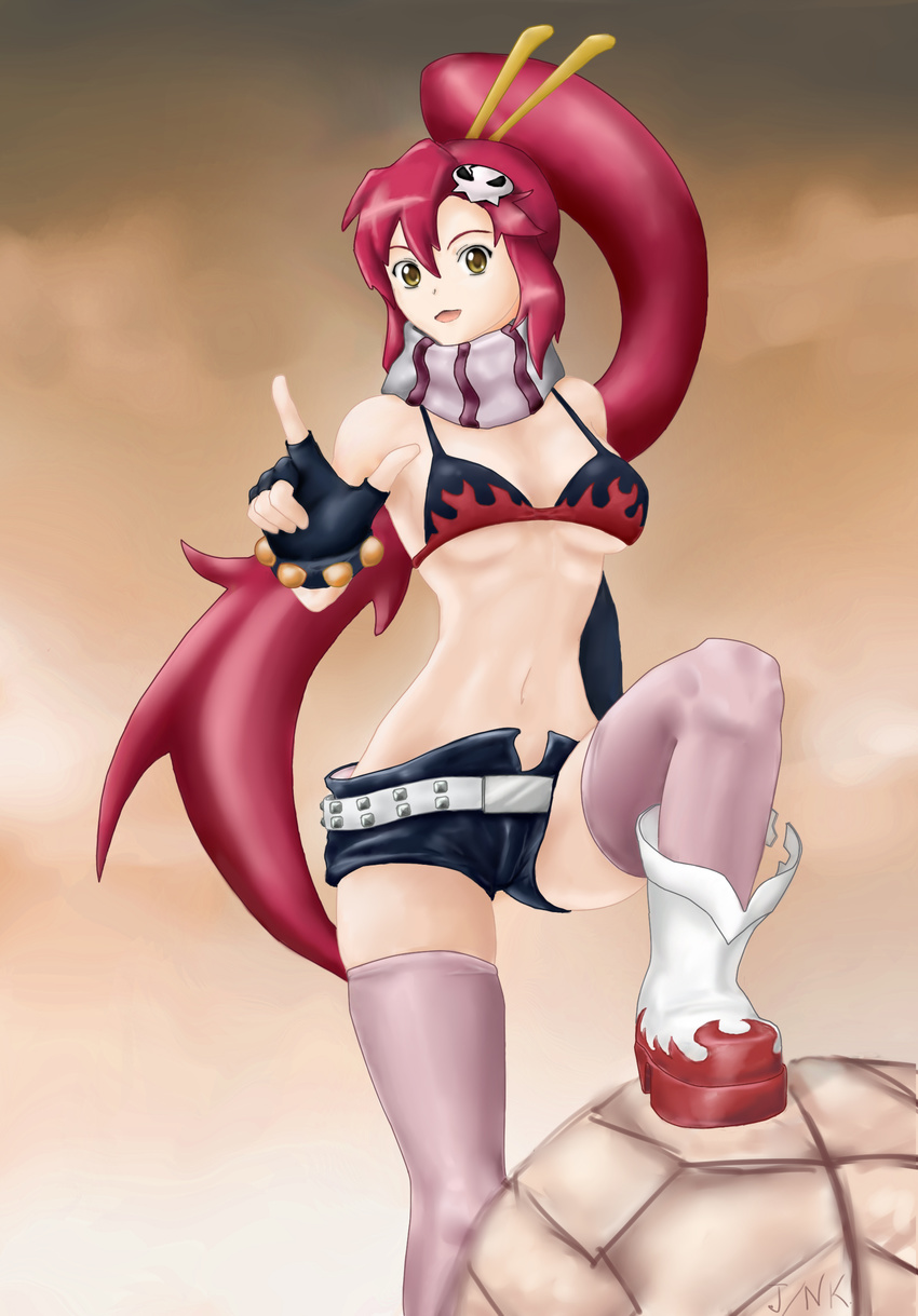 bikini_top boots fingerless_gloves gloves janeinkode oppai ponytail red_hair scarf short_shorts shorts skull solo tagme tengen_toppa_gurren-lagann thighhighs yellow_eyes yoko_littner