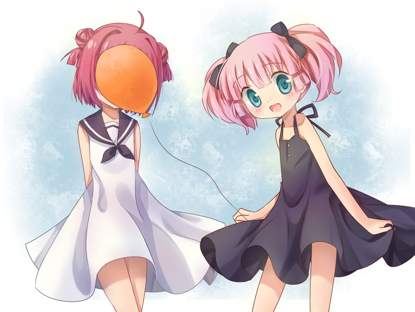 akaza_akari arms_behind_back balloon blue_eyes bow double_bun dress hair_bow hidden_face multiple_girls open_mouth pink_hair red_hair silver15 sleeveless sleeveless_dress smile twintails yoshikawa_chinatsu yuru_yuri