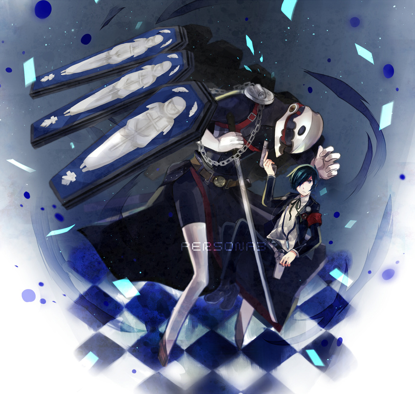 armband blue_eyes blue_hair chain checkered checkered_floor evoker gun hair_over_one_eye highres male_focus mentaishi persona persona_3 sword thanatos weapon yuuki_makoto