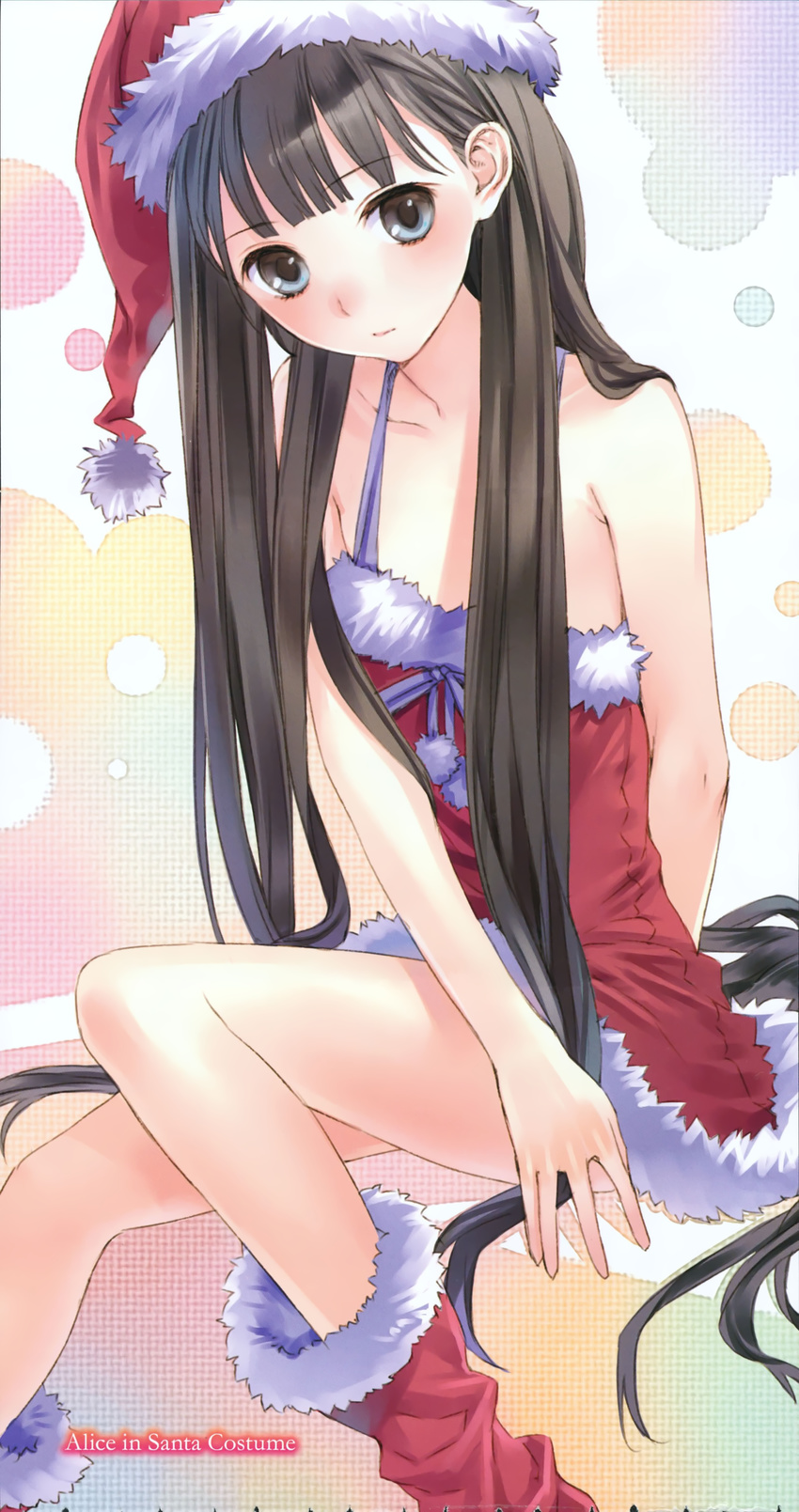 absurdres aqua_eyes black_hair blush high_res kami-sama_no_memo_chou kishida_mel long_hair santa_costume shionji_yuuko solo very_long_hair