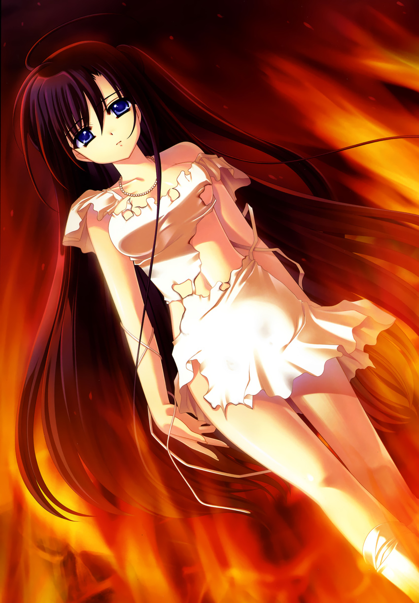 absurdres aquarian_age black_hair blue_eyes breasts collarbone dress fire game_cg highres jewelry long_hair looking_at_viewer medium_breasts midriff navel necklace nishimata_aoi official_art ribbon sleeveless sleeveless_dress solo standing stomach torn_clothes torn_dress underboob very_long_hair white_dress white_legwear white_ribbon