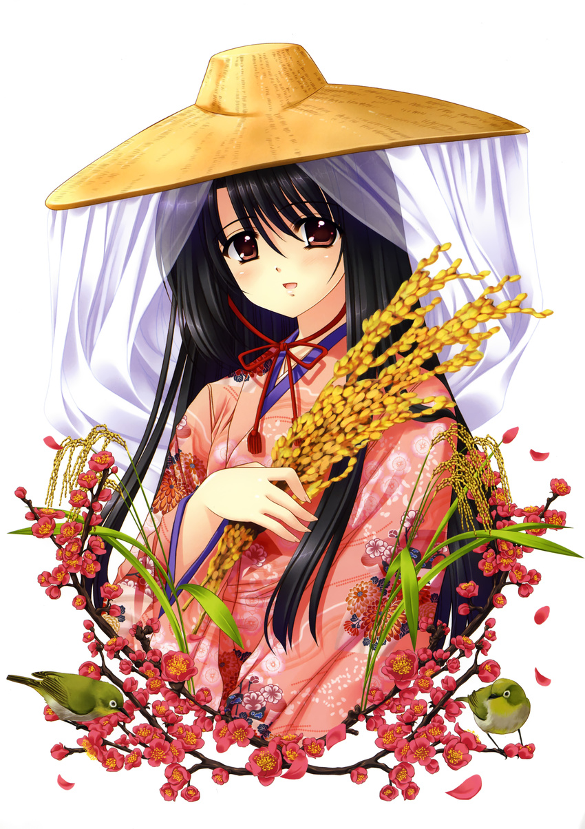 absurdres akita_komachi_(rice) bird cherry_blossoms hat highres ichimegasa japanese_clothes kimono nishimata_aoi solo straw_hat upper_body veil wheat