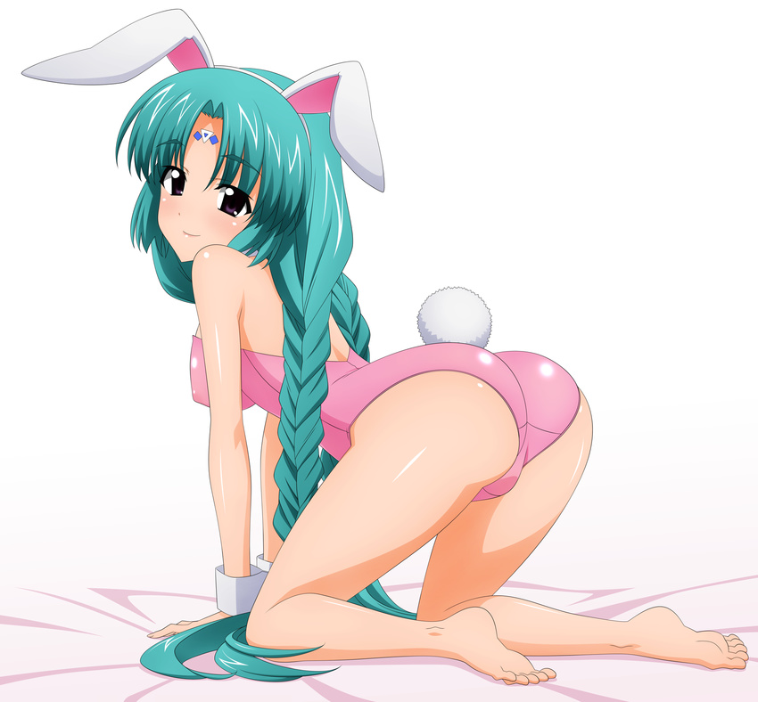 all_fours animal_ears ass bare_legs barefoot braid bunny_ears bunny_tail bunnysuit canal_vorfeed fake_animal_ears fake_tail feet green_hair highres leotard long_hair looking_back lost_universe pink_leotard purple_eyes solo sugimura_tomokazu tail wrist_cuffs