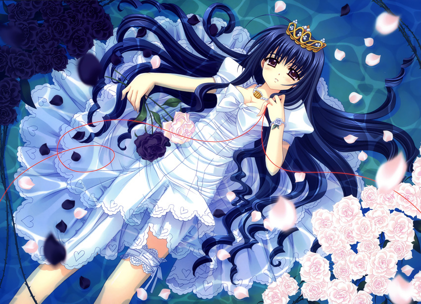 absurdres blue_hair breasts cleavage copyright_request crown dress flower garters highres jewelry leg_garter long_hair lying medium_breasts necklace nishimata_aoi petals plant purple_eyes rose rose_petals solo thread very_long_hair vines water white_dress