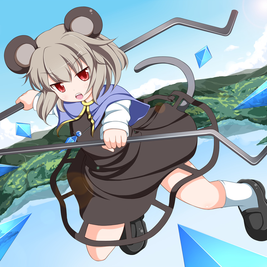 animal_ears black_dress blue_sky capelet day dowsing_rod dress grey_hair highres jewelry mary_janes md5_mismatch midair mountainous_horizon mouse_ears mouse_girl mouse_tail navel nazrin necklace nikku_(ra) open_mouth outdoors red_eyes shoes short_hair sky solo tail touhou