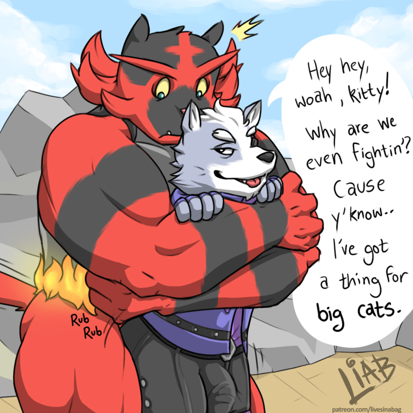 bedroom_eyes bulge butt canid canine canis dialogue felid feline half-closed_eyes imminent_sex incineroar livesinabag looking_back male male/male mammal nintendo pok&eacute;mon pok&eacute;mon_(species) seductive star star_fox super_smash_bros video_games wolf wolf_o'donnell