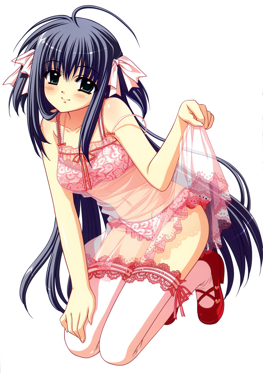 absurdres babydoll bare_shoulders black_hair blush bra green_eyes highres kneeling lace lace-trimmed_bra lace-trimmed_panties lace-trimmed_thighhighs lingerie long_hair nishimata_aoi panties pink_bra pink_legwear pink_panties really?_really! see-through shuffle! shuffle!_essence+ simple_background skirt skirt_lift smile solo thighhighs underwear white_background white_legwear yae_sakura