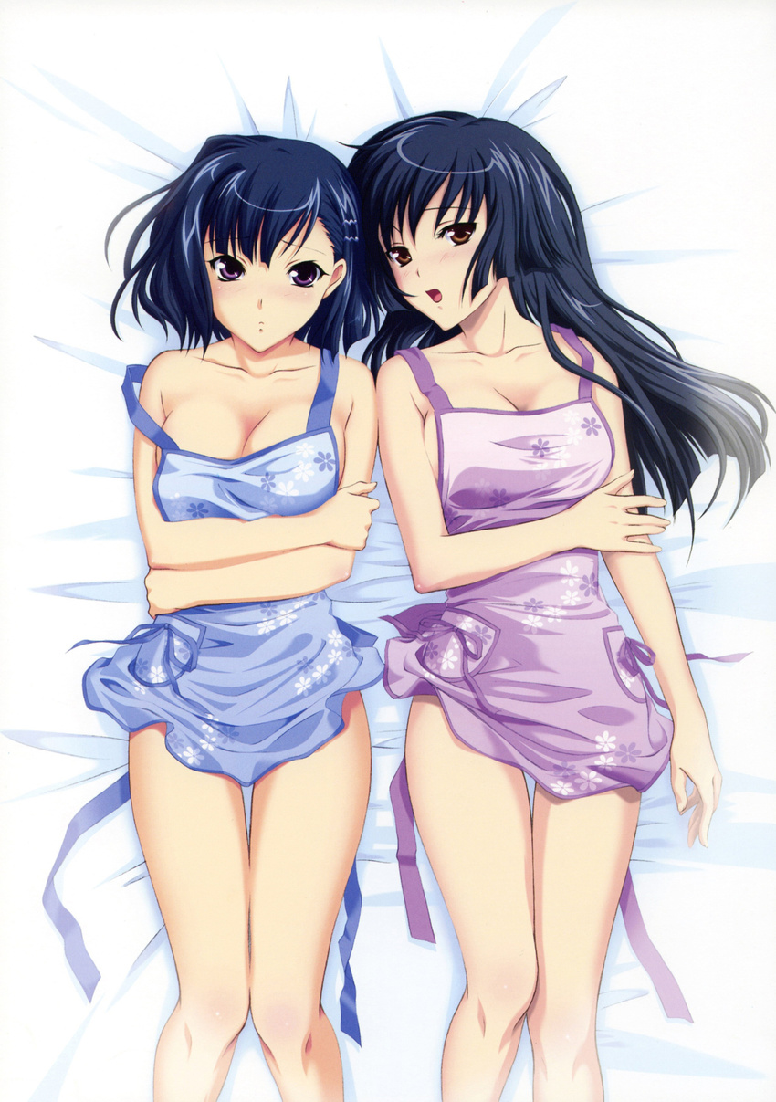 2girls absurdres aoi_shiro apron black_hair breasts brown_eyes cleavage hadaka_apron hal highres lying multiple_girls naked_apron osanai_shouko possible_duplicate purple_eyes purple_hair sakurai_ayashiro screening strap_slip yasaka_minato