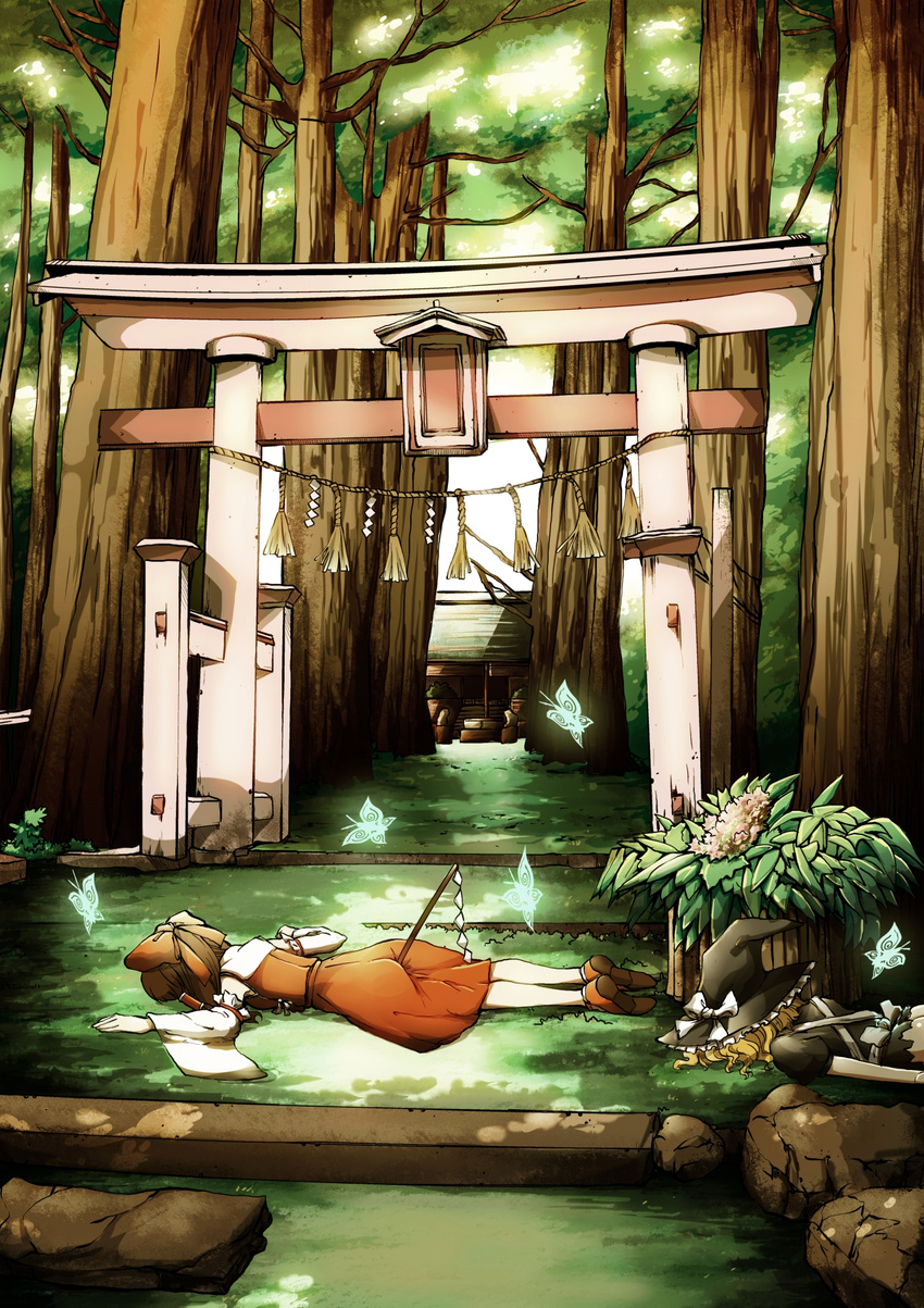 ass bad_id bad_pixiv_id blonde_hair bow brown_hair bug butterfly detached_sleeves face_down forest gohei hair_bow hakurei_reimu hat highres insect kirisame_marisa lying multiple_girls nature object_insertion on_stomach outdoors rock ryoubu_torii short_hair shrine torii touhou tree witch_hat zen_o