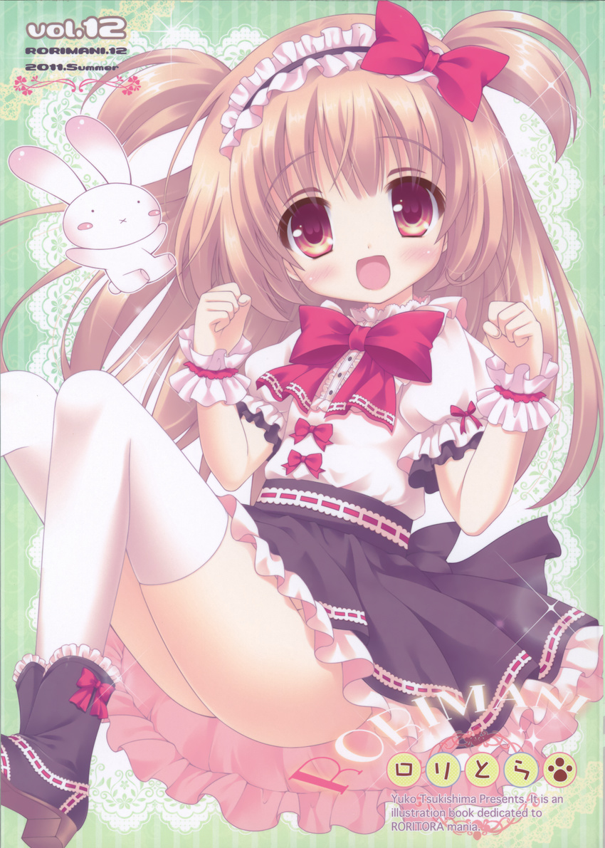 2011 :d :x absurdres artist_name blush blush_stickers brown_hair bunny dress headdress highres long_hair open_mouth original red_eyes scan smile solo striped striped_background summer thighhighs tsukishima_yuuko two_side_up vertical-striped_background vertical_stripes white_legwear wrist_cuffs