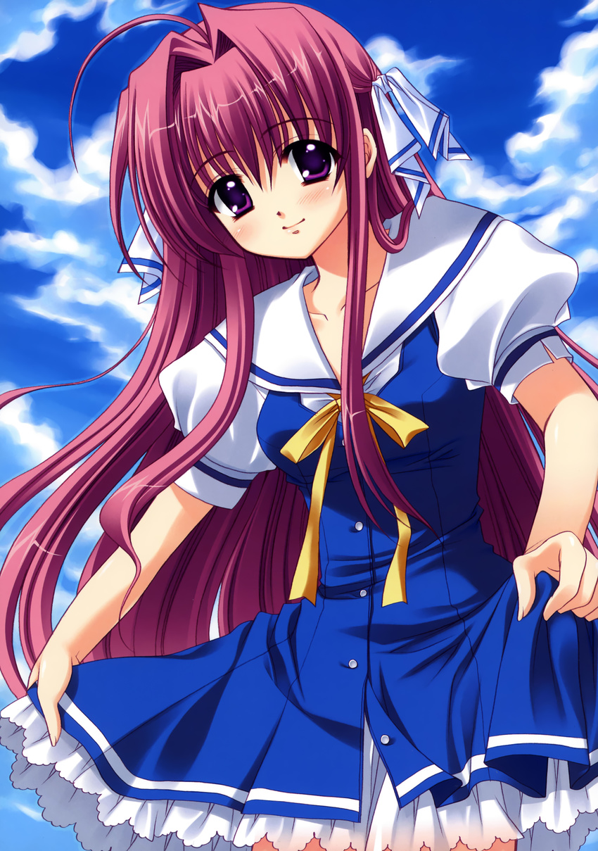 absurdres blue_dress blue_eyes blue_sky clear cloud day dress dress_lift highres looking_at_viewer neckerchief nishimata_aoi outdoors pink_hair puffy_short_sleeves puffy_sleeves ribbon sailor_collar school_uniform short_sleeves sidelocks sky smile tareme tsukimura_miki yellow_ribbon