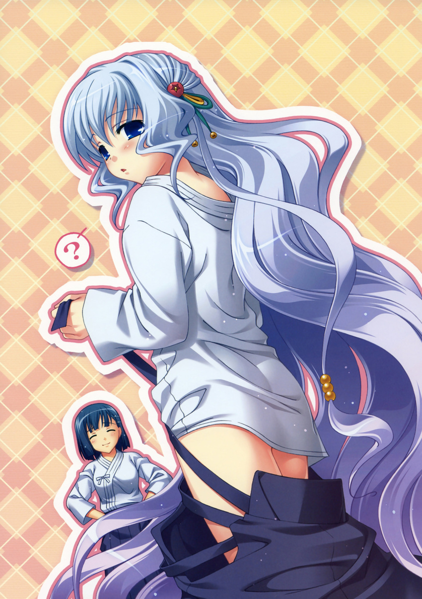 2girls absurdres aoi_shiro blue_eyes blush eyes_closed hal highres japanese_clothes long_hair multiple_girls nami_(aoi_shiro) osanai_shouko short_hair success undressing wafuku