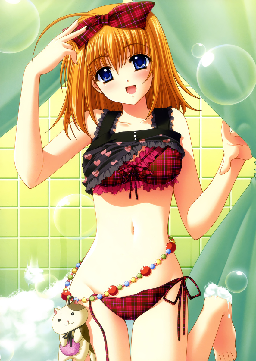 absurdres ahoge barefoot blue_eyes blush bow bow_bra bra bubble fuyou_kaede heart heart_print highres lingerie midriff navel nishimata_aoi orange_hair panties plaid plaid_bow plaid_bra plaid_panties red_bra red_panties scan short_hair shuffle! side-tie_panties soap_bubbles solo stuffed_animal stuffed_cat stuffed_toy tile_wall tiles underwear untied untied_panties