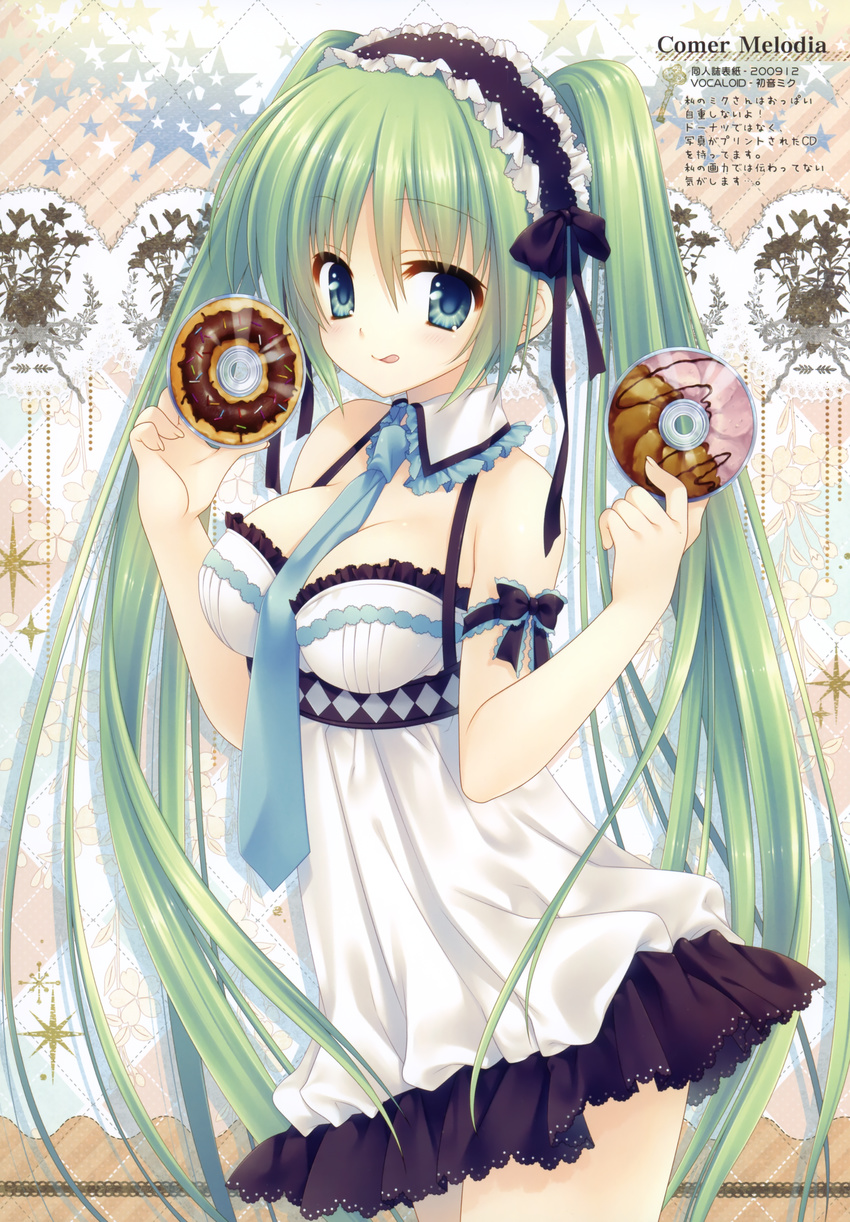 absurdres aqua_eyes arm_ribbon bare_shoulders between_breasts breasts cd cleavage detached_collar doughnut dress food green_eyes green_hair hairband hatsune_miku highres licking_lips lolita_hairband long_hair looking_at_viewer medium_breasts necktie ribbon scan short_dress smile solo tatekawa_mako themed_object tongue tongue_out twintails very_long_hair vocaloid