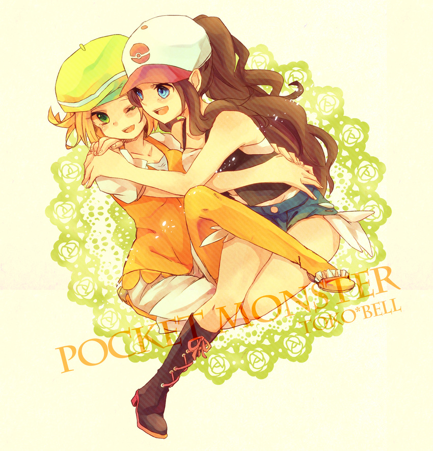 baseball_cap bel beret blonde blue_eyes boots breast_press brown_hair green_eyes hug long_hair pepenero ponytail shorts simple_background smile thighs touko yuri