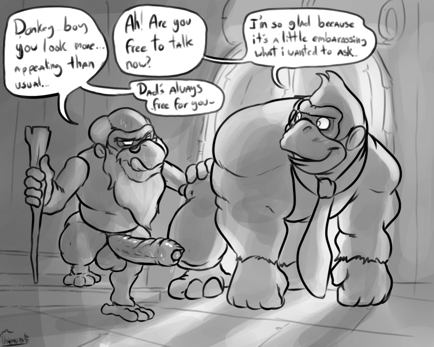 anthro ape balls big_penis cranky_kong dialogue donkey_kong_(character) donkey_kong_(series) duo english_text erection eyewear glasses greyscale humanoid_penis male mammal mature_male monochrome muscular muscular_male nintendo penis primate text tongue tongue_out uniparasite vein video_games