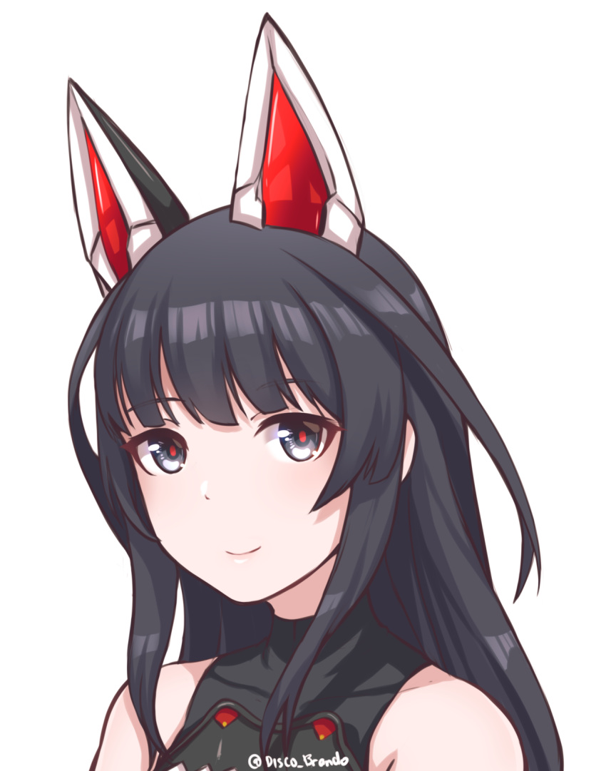 1girl agatsuma_kaede alice_gear_aegis artist_name black_hair blush closed_mouth collarbone disco_brando extra_ears eyebrows_visible_through_hair grey_eyes highres looking_at_viewer simple_background sleeveless smile solo twitter_username upper_body white_background