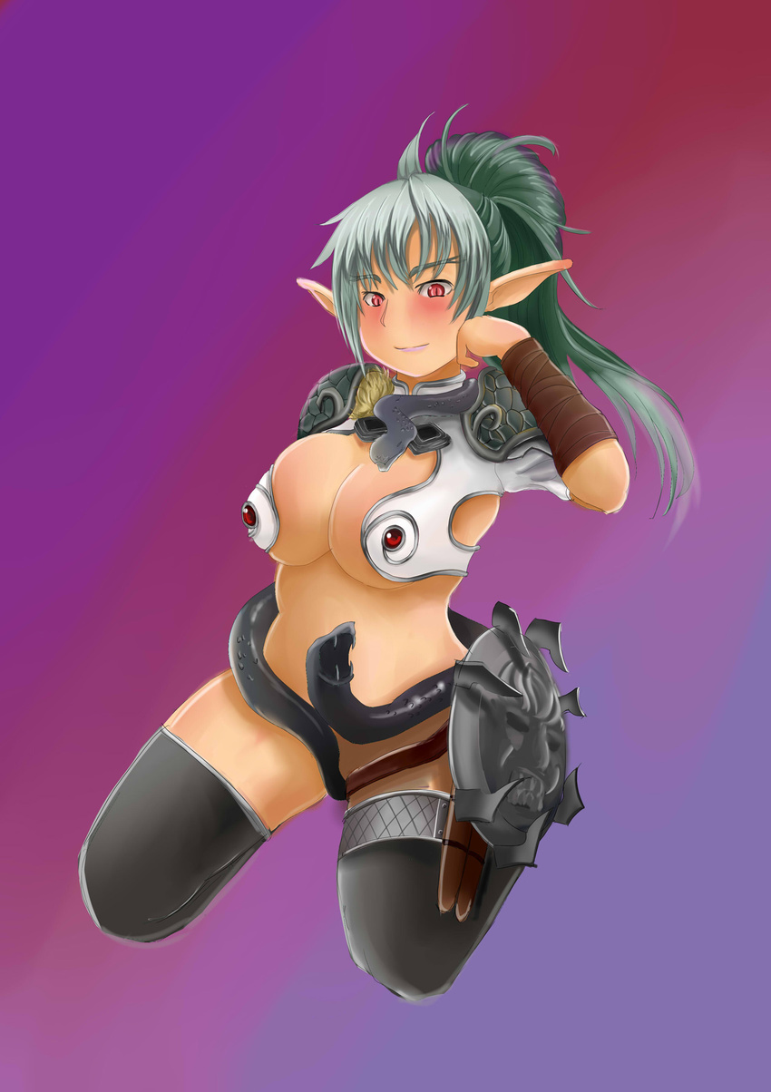 armor artbook blush breasts cleavage echidna elf equidonia green_hair large_breasts nude oppai pointed_ears qblade queen's_blade snake