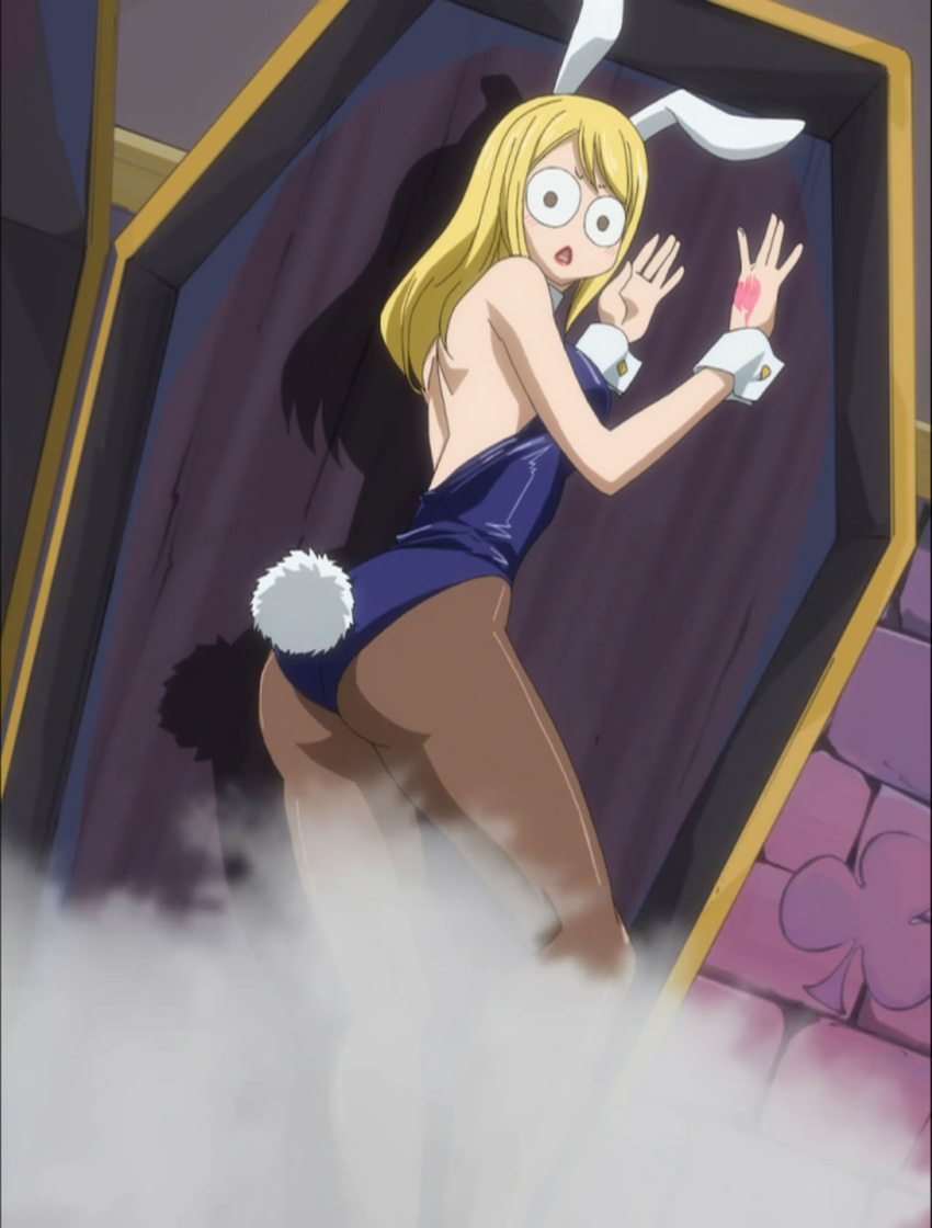 alternate_costume blonde breasts bunny_suit bunnygirl fairy_tail large_breasts lucy_heartphilia screen_capture stitched thighs