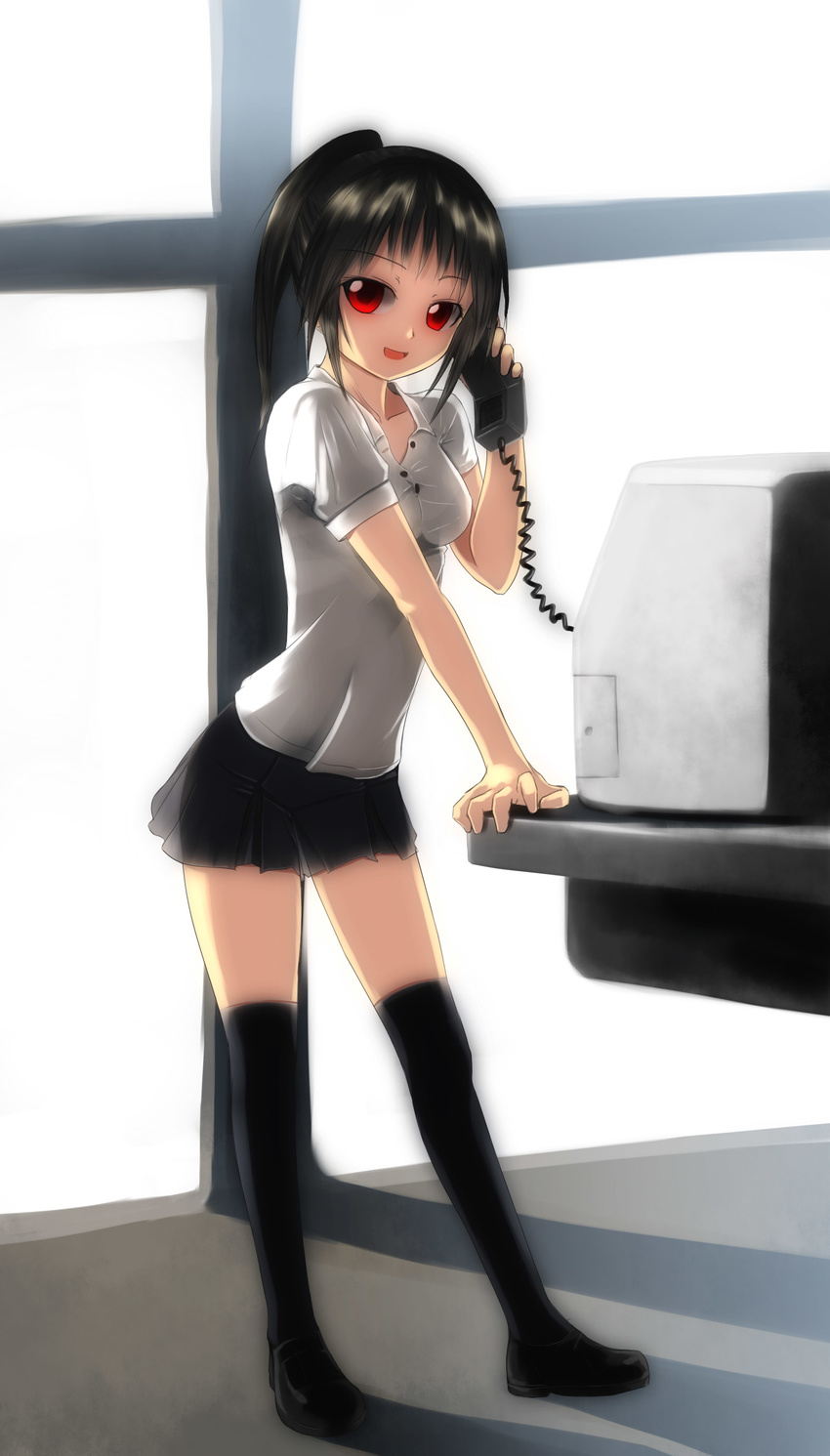 absurdres amano_tsubaki arm_support black_hair highres long_hair onibi_(foxhound4185) open_mouth original phone ponytail red_eyes school_uniform shadow skirt smile solo talking_on_phone thighhighs