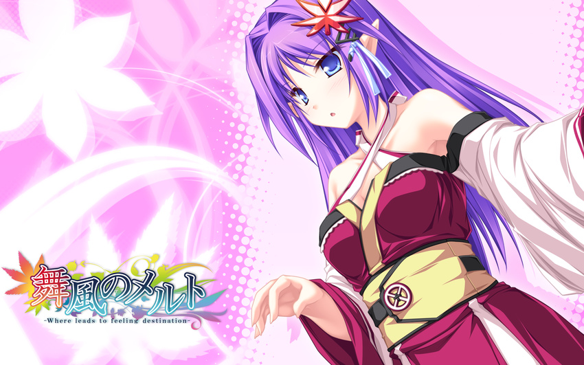 bare_shoulders blue_eyes cleavage cross_motif elf elf_ears kureha_(maikaze_no_melt) long_sleeves looking_at_viewer maikaze_no_melt obi open_hand purple_hair smile tenmaso wallpaper