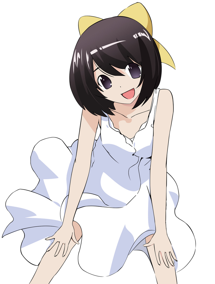 bare_shoulders dark_hair elsea_de_lute_irma kami_nomi_zo_shiru_sekai marilyn_monroe marilyn_monroe_(cosplay) nakagawa_kanon open_mouth white_dress wind_lift yellow_ribbon