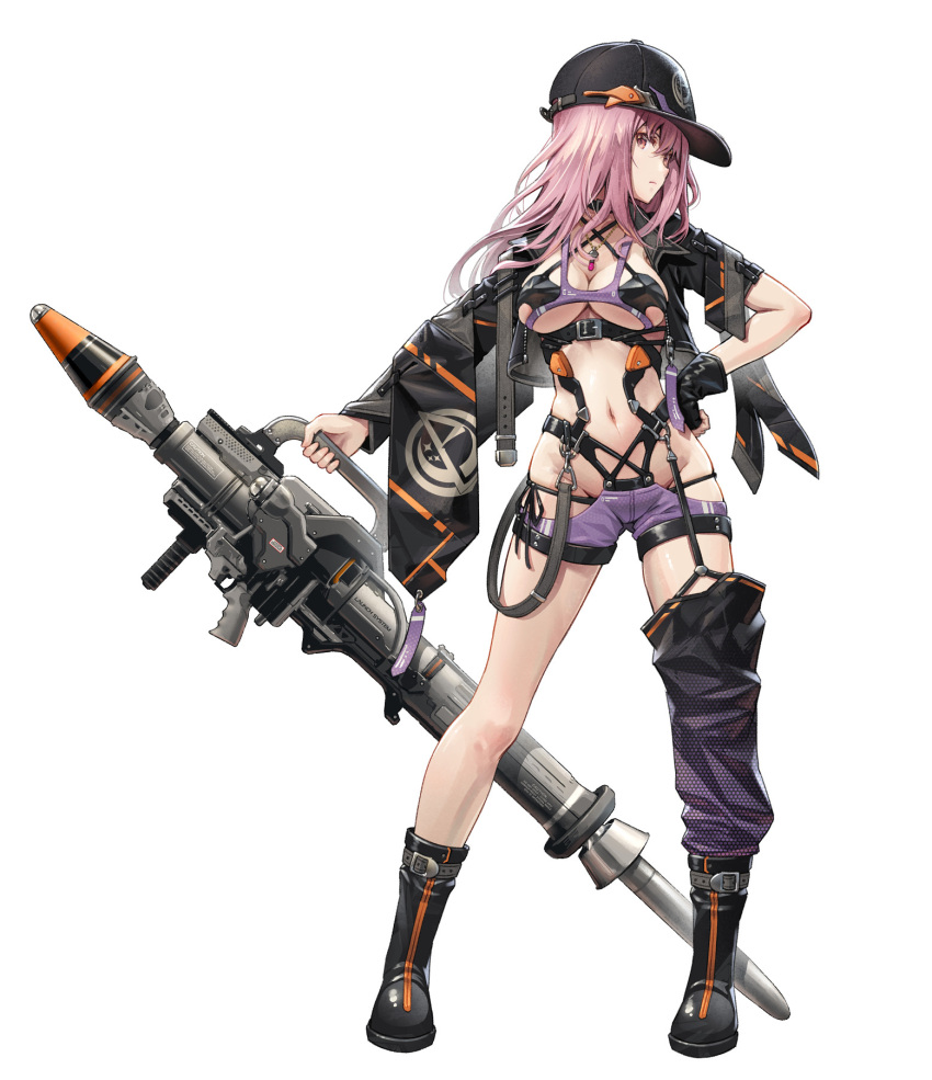 1girl alice_gear_aegis black_gloves boots choker commentary_request garter_straps gloves gun hand_on_hip hat highres holding holding_gun holding_weapon logo looking_at_viewer navel pinakes pink_hair revealing_clothes rocket_launcher short_shorts shorts simple_background single_thighhigh solo suspenders thighhighs weapon white_background yotsuya_yumi