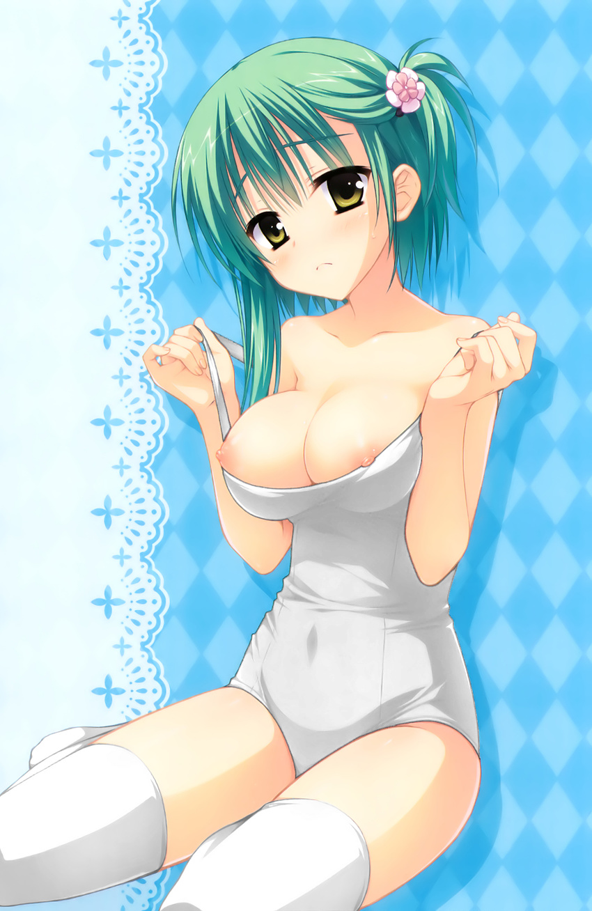 cleavage mizugi muririn nipple_slip nipples noble_works photoshop sukumizu thighhighs tsukiyama_sena undressing