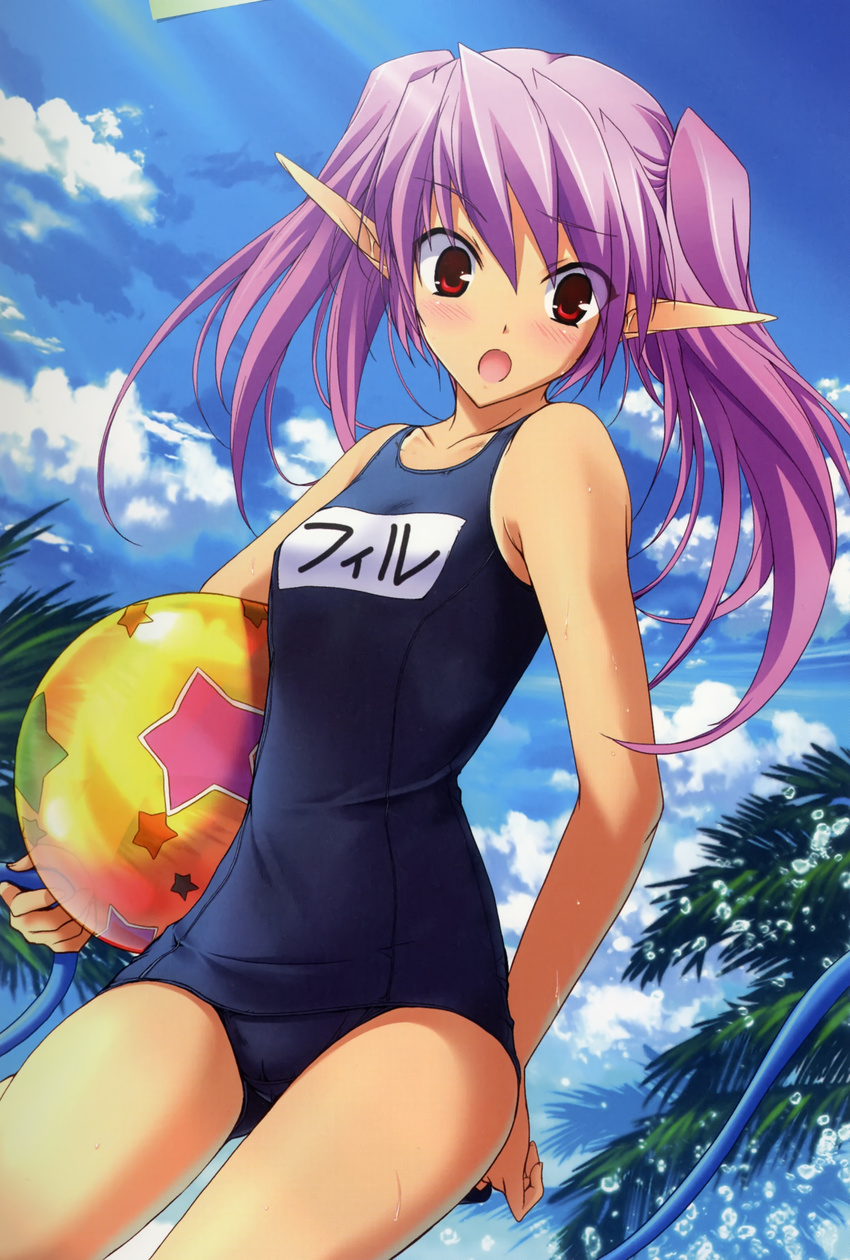 absurdres ball beachball blush elf highres long_hair one-piece_swimsuit onigirikun open_mouth pastel_chime pastel_chime_continue phil_ehart pointy_ears purple_hair red_eyes school_swimsuit solo swimsuit twintails
