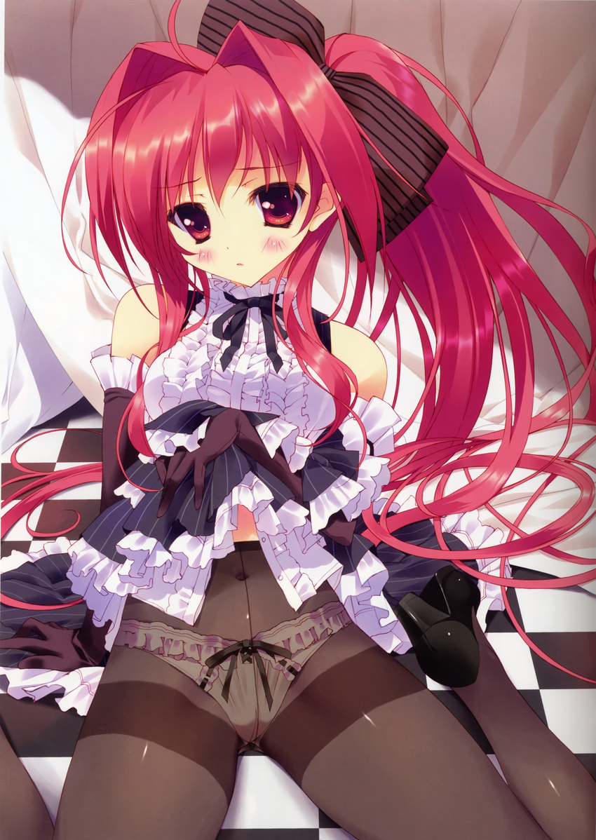 absurdres bare_shoulders black_gloves black_legwear blush bow bow_panties checkered checkered_floor corticarte_apa_lagranges crotch_seam elbow_gloves frills gloves hair_intakes highres long_hair navel panties panties_under_pantyhose pantyhose ponytail red_eyes red_hair ribbon shinkyoku_soukai_polyphonica sitting skirt skirt_lift solo thighband_pantyhose tsurusaki_takahiro underwear very_long_hair wariza white_panties