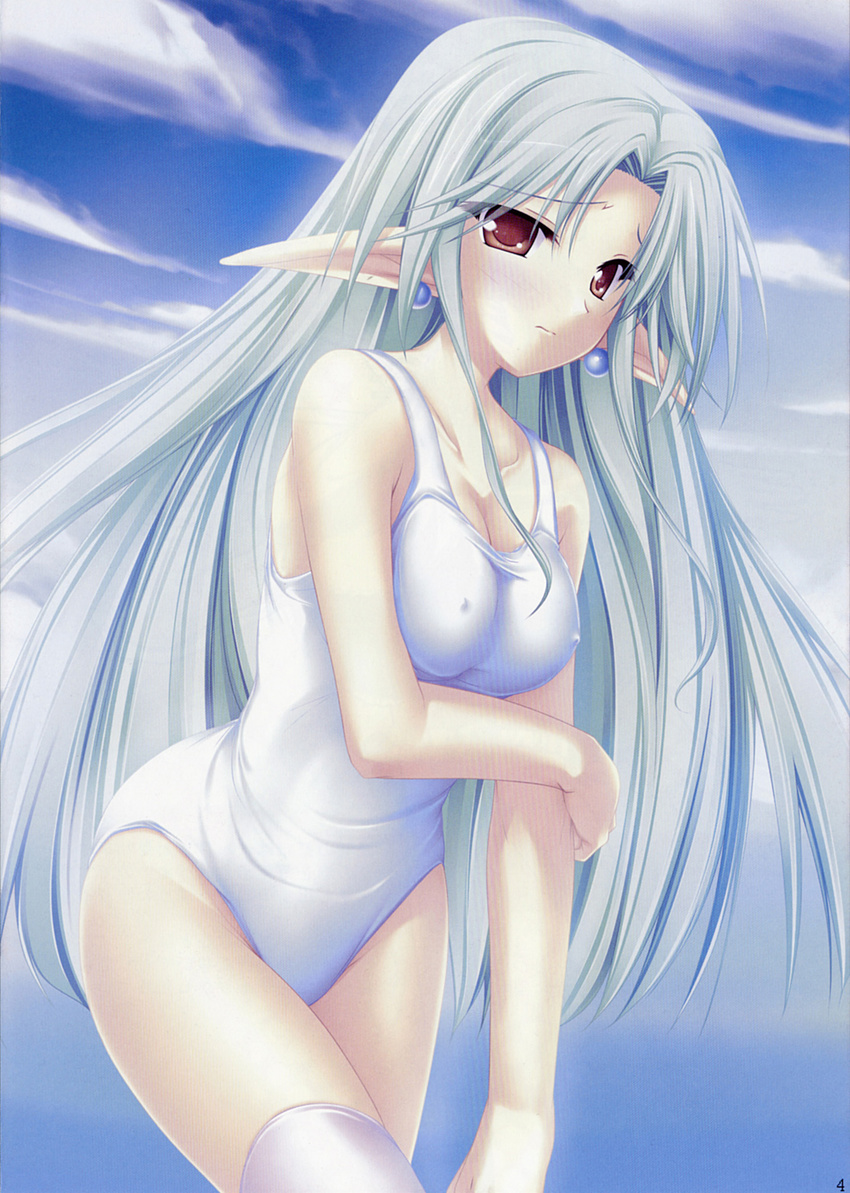 brown_eyes cecile_absentia earrings green_hair highres jewelry long_hair magus_tale one-piece_swimsuit pointy_ears solo swimsuit tenmaso thighhighs