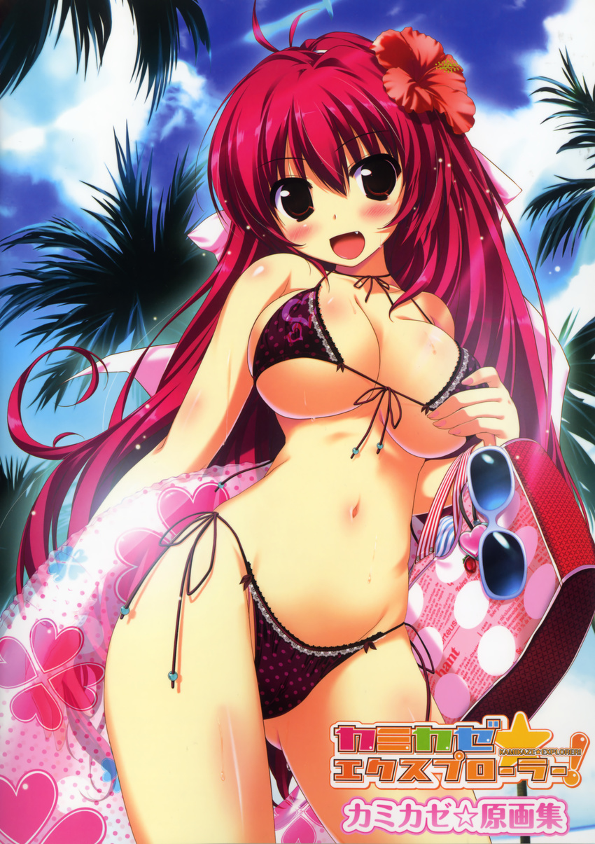 bikini blush breasts cleavage fang flower front-tie_top hair_flower hair_ornament hibiscus high_res innertube kamikaze_explorer! large_breasts long_hair mizugi navel open_mouth oppai oshiki_hitoshi red_eyes red_hair shitapai side-tie_bikini sky solo sunglasses tagme very_long_hair yuutenji_mishio