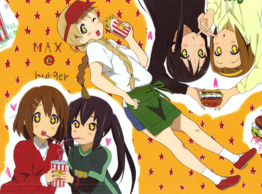 5girls ;d absurdres akiyama_mio black_eyes black_hair blonde_hair blue_eyes blush braid brown_eyes brown_hair detexted drink employee_uniform fast_food_uniform food french_fries hamburger highres hirasawa_yui horiguchi_yukiko k-on! kotobuki_tsumugi long_hair multiple_girls nakano_azusa non-web_source official_art one_eye_closed open_mouth short_hair sipping smile tainaka_ritsu text_focus third-party_edit twin_braids twintails uniform upside-down visor_cap