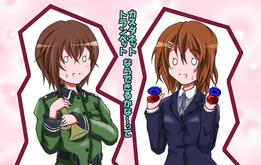 bad_id bad_pixiv_id blazer brown_hair bugle castanets crossover hirasawa_yui instrument jacket k-on! military military_uniform multiple_girls o_o school_uniform sora_no_woto sorami_kanata translated uniform yuuzaki_takumi