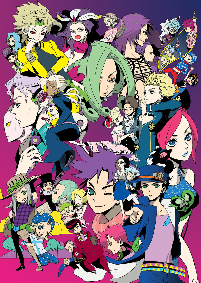 6+boys androgynous aqua_eyes battle_tendency belt black_eyes black_hair blonde_hair blue_eyes blue_hair bridal_gauntlets brown_eyes brown_hair bruno_buccellati caesar_anthonio_zeppeli cape closed_eyes cloud diamond_wa_kudakenai diavolo diego_brando dio_brando dog dress dual_persona earrings enrico_pucci erina_pendleton everyone fangs feathers formal funny_valentine gakuran ghiaccio giorno_giovanna glasses green_eyes green_hair grey_eyes grey_hair guido_mista gun gyro_zeppeli hat headband heart higashikata_jousuke highres hirose_kouichi iggy_(jojo) jewelry johnny_joestar jojo_no_kimyou_na_bouken jonathan_joestar joseph_joestar_(young) kakyouin_noriaki kars_(jojo) katori_(katokichi) killer_queen kira_yoshikage kuujou_jolyne kuujou_joutarou lace lipstick lisa_lisa long_coat long_hair lucy_steel made_in_heaven_(stand) magenta_magenta makeup mario_zucchero multicolored_hair multiple_boys multiple_girls narancia_ghirga necktie nijimura_okuyasu one_eye_closed phantom_blood pink_eyes pink_hair pointing purple_eyes purple_hair red_eyes red_hair sale_(jojo) school_uniform skirt smile stand_(jojo) stardust_crusaders steel_ball_run steven_steel stone_ocean suit sunglasses tail teardrop terence_trent_d'arby time_paradox top_hat tree two-tone_hair vanilla_ice vento_aureo vinegar_doppio weapon wekapipo yellow_eyes zipper