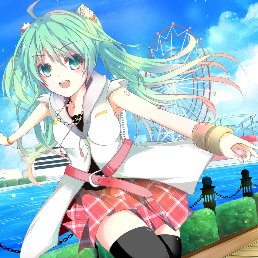 ahoge aqua_eyes aqua_hair cloud day dribble ferris_wheel flower hair_flower hair_ornament hairband hatsune_miku highres jewelry long_hair necklace skirt sky smile solo thighhighs twintails very_long_hair vocaloid zettai_ryouiki