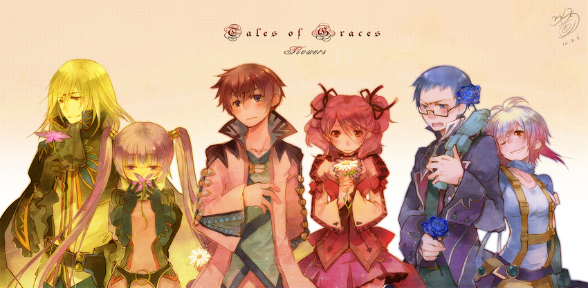 3girls asbel_lhant blonde_hair blue_eyes blue_flower blue_hair blue_rose blue_shirt brown_eyes cheria_barnes copyright_name flower glasses gradient_hair highres hubert_ozwell minatsume multicolored_hair multiple_boys multiple_girls pascal pink_hair purple_hair purple_skirt red_hair richard_(tales) rose scarf shirt skirt sophie_(tales) tales_of_(series) tales_of_graces twintails two_side_up white_hair yellow_background