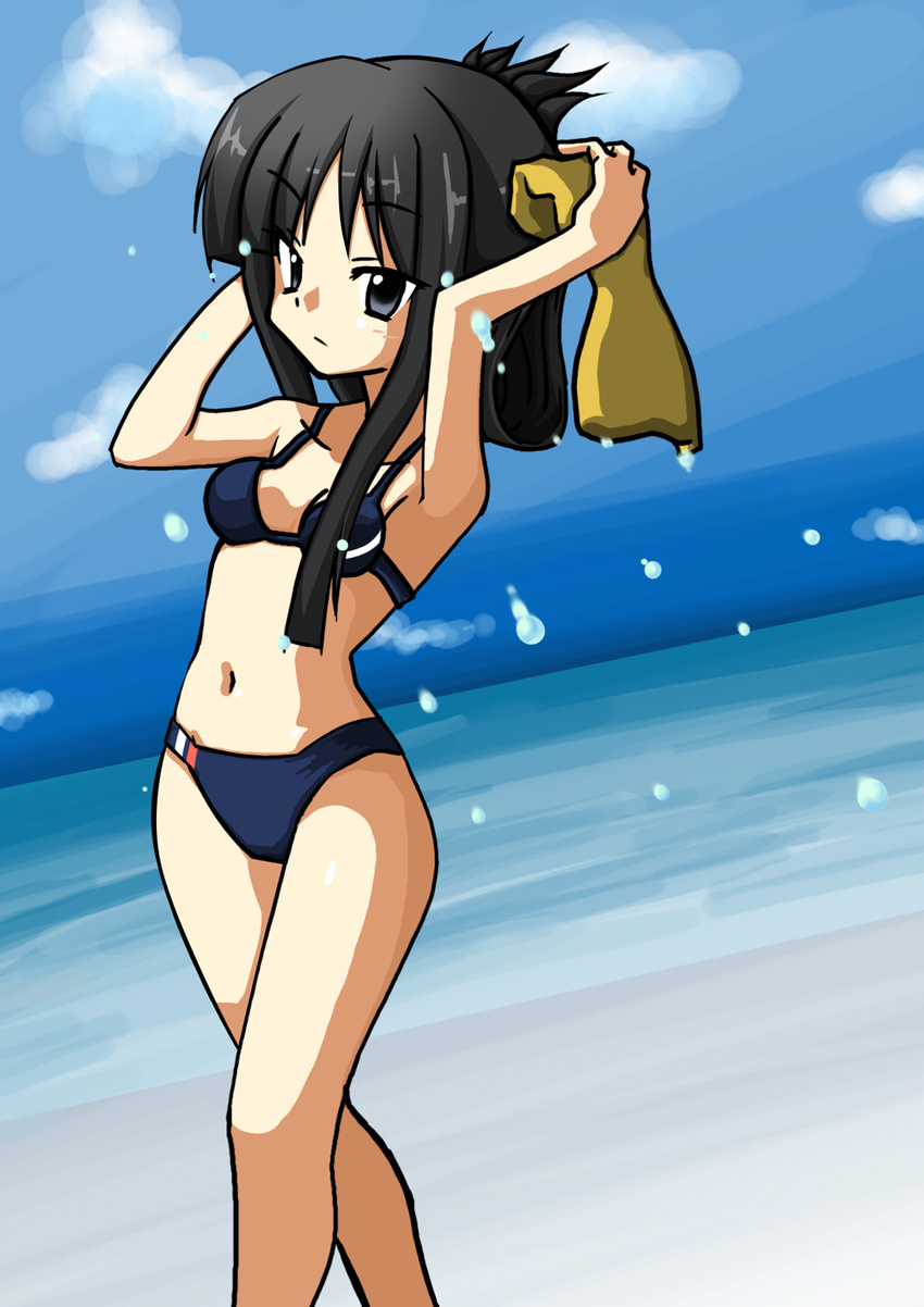 akiyama_mio alternate_hairstyle bikini black_bikini black_eyes black_hair highres k-on! long_hair meimu_(infinity) solo swimsuit towel