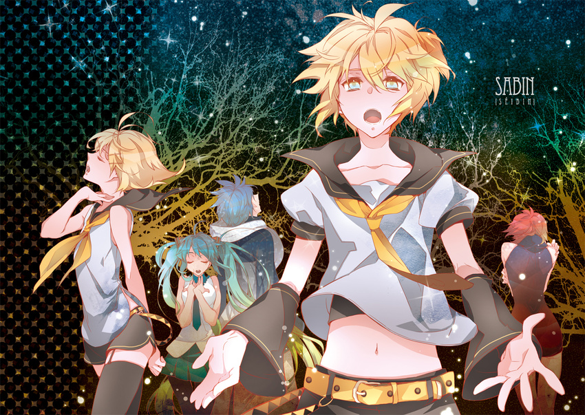 3girls aqua_eyes aqua_hair bad_id bad_pixiv_id blonde_hair blue_hair brown_hair closed_eyes garters hatsune_miku kagamine_len kagamine_rin kaito meiko multiple_boys multiple_girls music nishi_(ainshaie) short_hair singing skirt thighhighs twintails vocaloid zettai_ryouiki